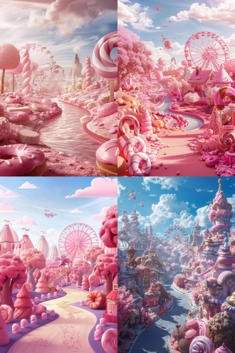 distant perspective, head-up perspective illustration. a dreamy and beautiful panoramic view of candy land, full of cute style, most of the colors are light pink. the ferris wheel, roller coaster, carousel, flying car and other facilities throughout the park are composed of various candies, including giant lollipops, donuts, candy houses and marshmallow trees, and the ground is paved with colorful candy bricks. the soft sunlight shines on the paradise, showing warm light and creating a dreamlike atmosphere. the material is fine and shiny. a river of sweets flows through it. 8k, the highest quality, low saturation color, low contrast picture.