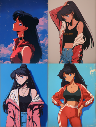 美少女战士月野兔，红色头发，正面照，穿红色拉链卫衣，内穿黑色体恤，纯色背影，武内直子漫画风格