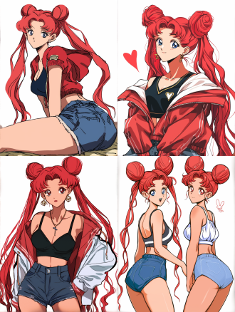 美少女战士月野兔，红色头发，正面照，穿红色拉链卫衣，内穿黑色体恤，牛仔短裤，纯色背影，武内直子漫画风格