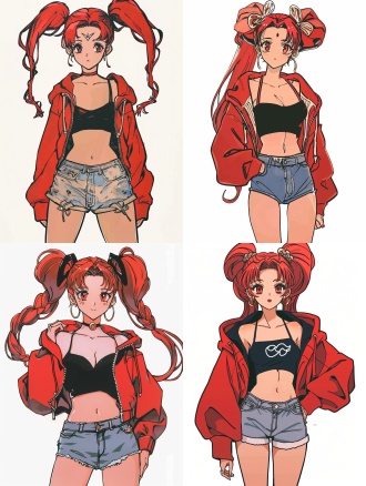 美少女战士月野兔，红色头发，正面照，穿红色拉链卫衣，内穿黑色体恤，牛仔短裤，纯色背影，武内直子漫画风格