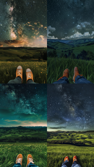 画面展现是野外摄影一幅夜间景象。广袤的绿色草地延伸向远方，远处有起伏的山丘和树木，天空中布满星星，星空璀璨，营造出宁静、开阔的氛围。图片下方显示一双穿着橙色鞋子的女生脚，暗示人物正躺在草地，仰视天空，给人一种放松惬意之感。画面主要光源为夜晚天空中的明月，月光洒下，照亮部分云朵和地面，使得整个场景在夜晚也有一定的清晰度，光效柔和，增添了画面的静谧美感。