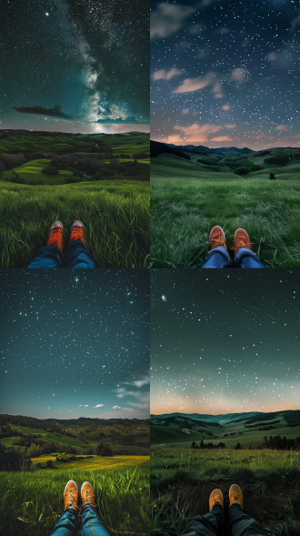 画面展现是野外摄影一幅夜间景象。广袤的绿色草地延伸向远方，远处有起伏的山丘和树木，天空中布满星星，星空璀璨，营造出宁静、开阔的氛围。图片下方显示一双穿着橙色鞋子的女生脚，暗示人物正躺在草地，仰视天空，给人一种放松惬意之感。画面主要光源为夜晚天空中的明月，月光洒下，照亮部分云朵和地面，使得整个场景在夜晚也有一定的清晰度，光效柔和，增添了画面的静谧美感。
