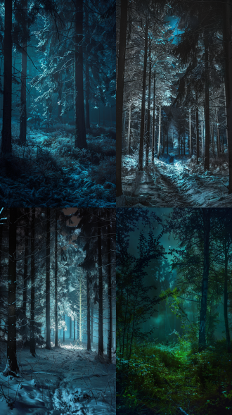 夜晚的森林，一道北极光，照亮四周，神秘，唯美，视觉摄影