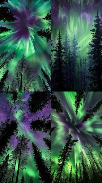 夜晚的森林，一道北极光，照亮四周，北极光发出明亮且带有流动感的光，绿色部分清新亮眼，紫色部分神秘深邃。树木在光线映照下，明暗对比凸显立体感，神秘，唯美，视觉摄影