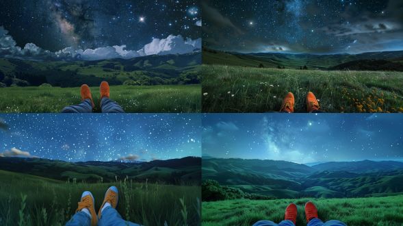 画面展现是野外摄影一幅夜间景象。广袤的绿色草地延伸向远方，远处有起伏的山丘和树木，天空中布满星星，星空璀璨，营造出宁静、开阔的氛围。图片下方显示一双穿着橙色鞋子的女生脚，暗示人物正躺在草地，仰视天空，给人一种放松惬意之感。画面主要光源为夜晚天空中的明月，月光洒下，照亮部分云朵和地面，使得整个场景在夜晚也有一定的清晰度，光效柔和，增添了画面的静谧美感。