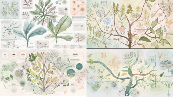 hand-drawn knowledge map about [plant biology], watercolor leaves as central node, branching lines with botanical sketches, soft pencil texture, muted green tones, whimsical doodle elements in corners,