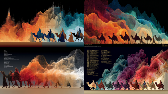 像素化驼队化作流动的朱砂粒子，在数字沙暴中背负全息经卷前行。沙粒崩解为二进制代码，汉代烽燧与5g基站在能量轨迹中交叠，悬浮的《金刚经》梵文切割风暴，重现丝绸之路的数字涅槃。