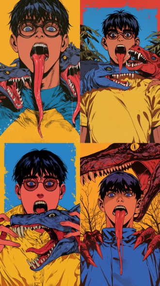 夸张头像，特写构图，超现实风格，暗室环境，鱼眼镜头，顶光，扭曲表情，高饱和度色彩，惊悚感。