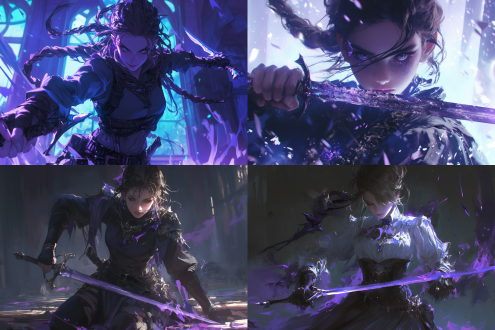 霸气女士，三分构图，奇幻风，室内，长焦镜头，逆光，慢快门，把玩匕首，冷酷，紫色调，八道旅人2风格。