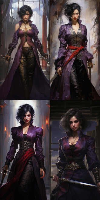 dominating lady in the style of octopath voyager 2. cold expression, captivating red lips, slanted bangs, short black hair, wearing purple robes, clean fingers, long legs. playing with a dagger, a short sword at the waist.,,in clothes