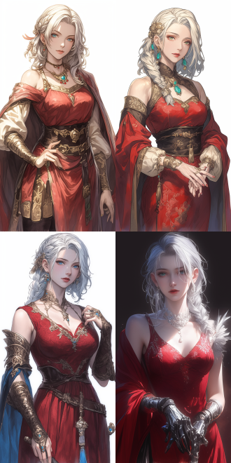 octopath voyager style theme. a dignified and mature yujie. her emerald eyes exude charming charm, silver hair with feather hair accessories. she has healthy hands and fingers. wearing a red dance dress adorned with golden decorations and showing a small waist. rich in poses. multi-layered textures. in the soft white light.