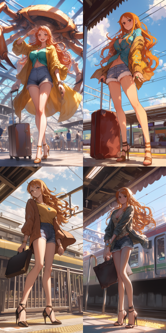 海贼王·娜美站立，手提公文包，开衫衣，牛仔短裤，地铁站，大长腿，高跟鞋，超级细节，追求细节，优雅气质，8k， 腰部以上