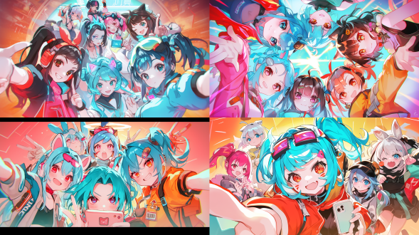 a group of anime-style female characters, positioned in a circle, viewed from directly below. multiple characters of various skin tones and hair colors are shown, each with large eyes, distinct facial features, and various expressions. they are dressed in form-fitting, black leather-like outfits, with zippers and details. different colored accents and accessories are visible on each character, such as animal ears and decorative elements. the characters are depicted with exaggerated features and a stylized physique. the setting appears to be an indoor space with a neutral color scheme and a bright light source. the characters are in close proximity, their bodies touching or overlapping, creating a sense of closeness and unity. the perspective is directly from below, looking up at the characters. the style is stylized anime art, and the composition is circular, creating a focal point. lighting is bright and highlights the detailed features and forms of the figures. the overall atmosphere is energetic, playful