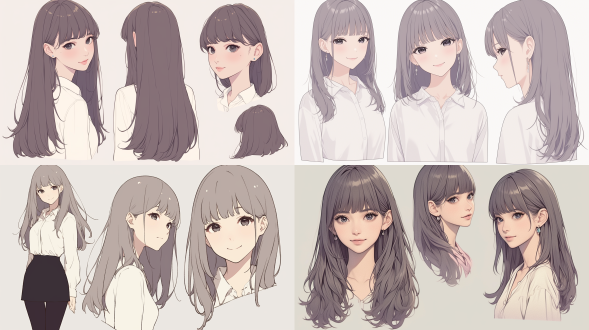 portrait of a stylish urban white-collar woman, gentle and cute, smiling, round face, black eyes,front, side and back view, wearing a white shirt, long gray hair with bangs, big eyes with a gentle expression,set against a white background. the artwork has a high-quality feel, showcasing a japanese manga style with soft lighting, clear details, and a mid-range composition, all in natural tones. the photography is professional in every aspect.",,in clothes,,in clothes