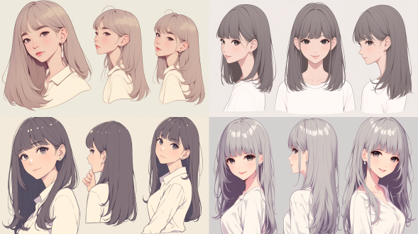 portrait of a stylish urban white-collar woman, gentle and cute, smiling, round face, black eyes,front, side and back view, wearing a white shirt, long gray hair with bangs, big eyes with a gentle expression,set against a white background. the artwork has a high-quality feel, showcasing a japanese manga style with soft lighting, clear details, and a mid-range composition, all in natural tones. the photography is professional in every aspect.",,in clothes,,in clothes