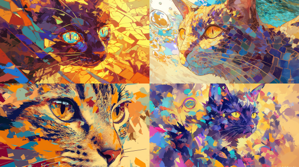 a colorful cat, mosaic style, abstract background, zoom lens, rich colors, abstract composition, fantasy atmosphere, dreamlike emotion