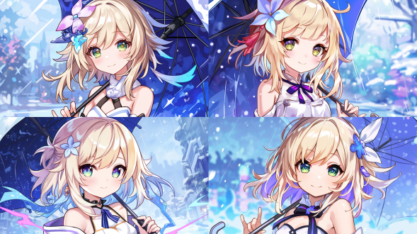 黄色头发，绿色眼睛，白色裙子，拿着雨伞，下雨天气，8k,细腻纹理