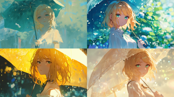 黄色头发，绿色眼睛，白色裙子，拿着雨伞，下雨天气，8k,细腻纹理