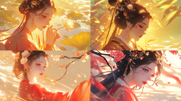 唐代风格动漫美女，梦幻场景，对角线构图，暖白复古光，侧逆光，特写镜头，花饰脸颊，凝视水面，庄重长袍，戏剧感。