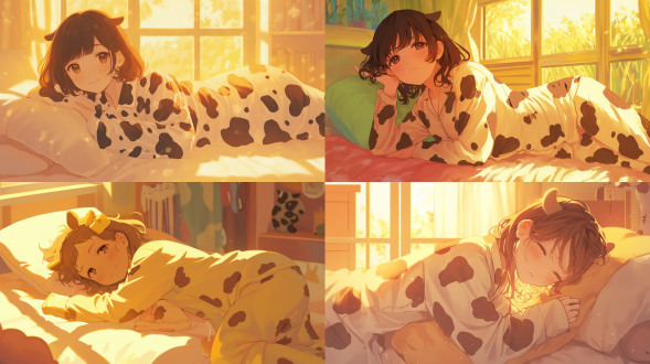 身趴床上穿奶牛睡衣，三分法构图，卧室环境，暖黄调，长焦镜头，逆光，安静姿态，可爱氛围。