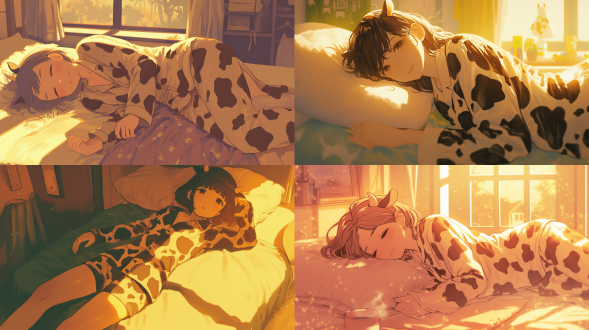 身趴床上穿奶牛睡衣，三分法构图，卧室环境，暖黄调，长焦镜头，逆光，安静姿态，可爱氛围。