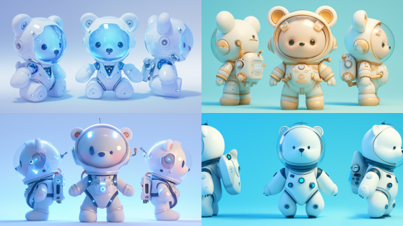 三视图，全身，正面，侧面，背面，卡通ip，白色小熊，白色宇航员玻璃帽子，科技感，萌萌哒，蹲下，干净背景，pop mart，pixar，ip盲盒，粘土材料，柔和颜色，工作室灯光，octane render，3d，c4d，超高清8k，16:9纵横比。