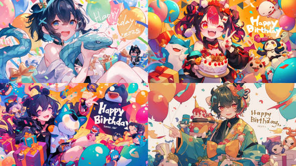 一条可爱的半人半蛇，拿着写着生日快力的牌子，周围有气球，礼物，生日蛋糕，吉祥物，最后旁边写着2025