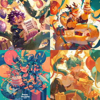 可爱半人半蛇持“生日快力”牌，气球礼物蛋糕环绕，旁有“2025”，中心构图，暖光，特写，梦幻风，欢快。