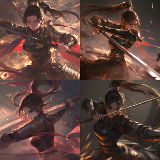 中国古代女侠战斗，全景全身像，精致脸受伤坚毅，高束马尾缠发带，皮质甲具特写，单腿腾空劈剑，华丽背景，16k模糊，暗黑色调。