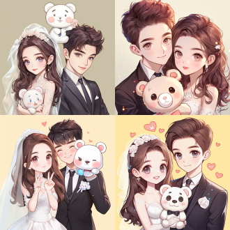 一男一女按图一风格位置，女孩白婚纱捧卡通小熊在前左，男生黑西装在后右，居中构图，室内，暖光，中长焦，浪漫，优雅。