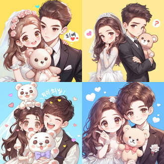 按照图一风格和位置，一男一女，女孩在左边靠前，男生在右边靠后，女孩穿着白色婚纱，男生穿着黑色西装，女孩手里捧着一只卡通小熊