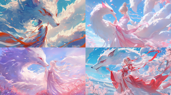 huimeng,nine-tailed fox,su dahuai,ancient mythology,fengshen bang,(the nine-tailed fox transforms into a beauty),nine tails of different colors,curvy,angelic face,(flowing long hair),white hair,((((the phantom of the white fox merges into her body)))),charming smile,enchanting dance,masterpiece,best quality,hanfu,tang-style outfits,touch the head of the white fox with hand, 全身角色 宫崎骏