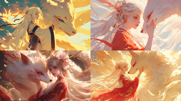 九尾狐幻化成美女，九尾异色，白长直发，着汉唐服饰，迷人微笑起舞，手触狐首，对角线构图，暖光，长焦，奇幻风，宫崎骏风格。