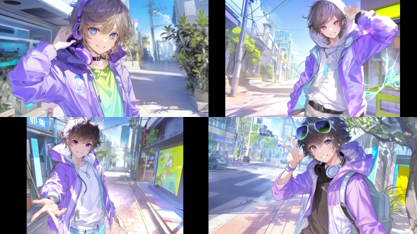 寸头帅气男孩，三分构图，城市街头，冷色调，长焦镜头，逆光，微笑站立，青春活力，五官清晰。