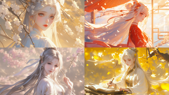 超清渲染动漫中国少女，银色长发汉服裙，温柔自信面容，远景透视，自然色调，柔和光，古装风，静态放松，高清细腻，唯美氛围。