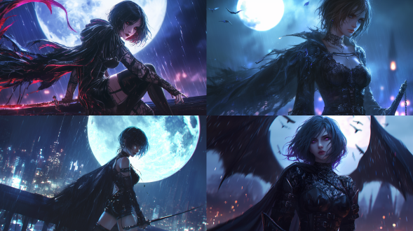 短发刺客女孩着哥特蕾丝紧身服饰披黑纱，雨夜大月亮背景，居中构图，写实幻想风，8k，侧逆光，超清晰，细节复杂。