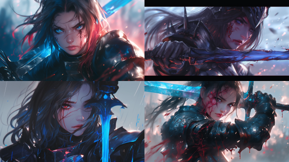 暗色盔甲冠军女骑士，脸上有红伤痕，盔甲褪色损坏渗红液，神情坚定持蓝符文剑，浅色战场背景，三分法布局，冷色调，逆光，特写镜头，坚毅。