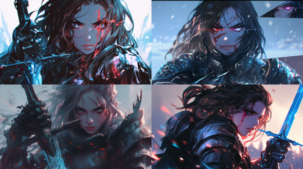 暗色盔甲冠军女骑士，脸上有红伤痕，盔甲褪色损坏渗红液，神情坚定持蓝符文剑，浅色战场背景，三分法布局，冷色调，逆光，特写镜头，坚毅。