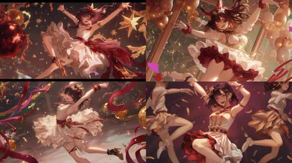 穿白色连衣裙欢快舞蹈，三分法构图，室内舞台，冷色调，长焦镜头，顶光，动态模糊，旋转，愉悦。