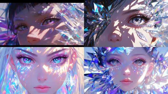 钻石眼睛，对比强烈，钻石反射，折射光，美女，大眼睛，绝美妆容，，神情忧郁，周围都是钻石折射光。