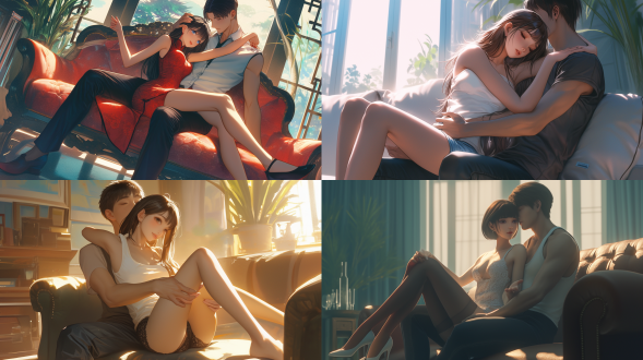 中国高挑女模特和男友深情相拥。女孩身着清凉服饰，在沙发上，挺腰，全身像，表情热烈，迷离，9头身，上身背心，很坚挺，大长腿，大腿圆润有肉，小腿细，腿长而直，双腿交叉，蕾丝，长筒袜，高跟鞋。中国脸，五官精致。男友身材高大，强壮，抱住女孩。居中构图，暖色调，长焦镜头，逆光，8k，写实风
