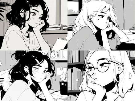 女孩愁苦思考，居中构图，黑白线稿风格，室内环境，特写镜头，顶光，静态，沉思，简约，冷色调，忧郁。