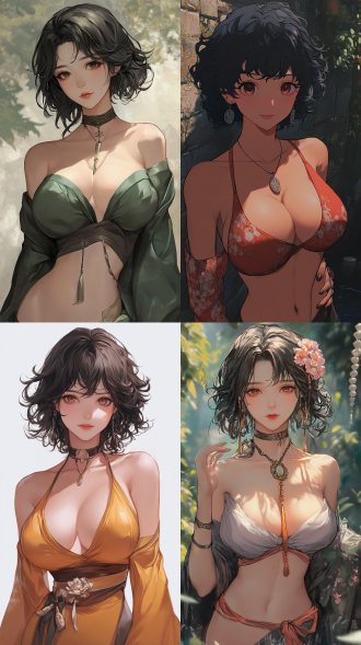 a picture presented in the style of (is it wrong to try to pick up girls in a dungeon?). chest two dot，obviously, beautiful oriental woman, ((healthy and perfect fingers)). inspired by fenghua zhong. curly and short top hair,