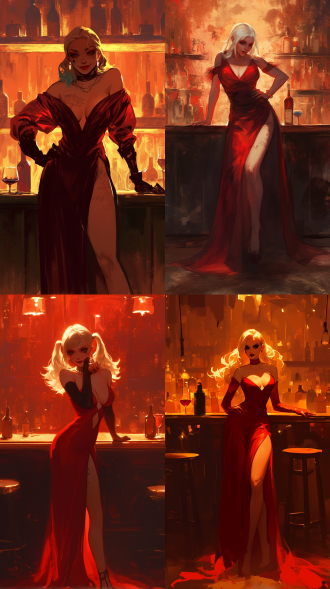 丑版哈利·奎因全身独照，穿红色晚礼服，三角构图，昏暗酒吧，冷色调，长焦镜头，逆光，站立，搞怪，荒诞。