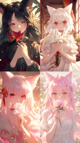 猫耳少女持花，三分法构图，梦幻氛围，暖光，特写镜头，柔焦，微笑，优雅，红眸，丝裙，温馨喜悦。