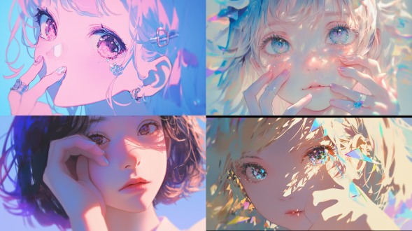 女孩图片，居中构图，淡雅色调，时尚晕涂，挪用艺术元素，纯色背景，动漫风格，隐士朋克韵味，特写镜头，柔光。