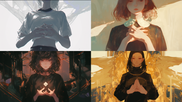 端庄女孩双手放腹前严肃看前方，对称构图，室内，中性色，标准镜头，顶光，静态，优雅，平静。