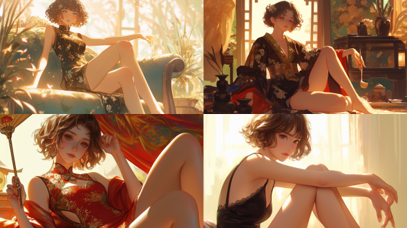 东方美女，短卷顶发、美腿吸睛，健康美指，cgsociety风二次元动漫，居中构图，暖光，长焦，逼真，精致，优雅。
