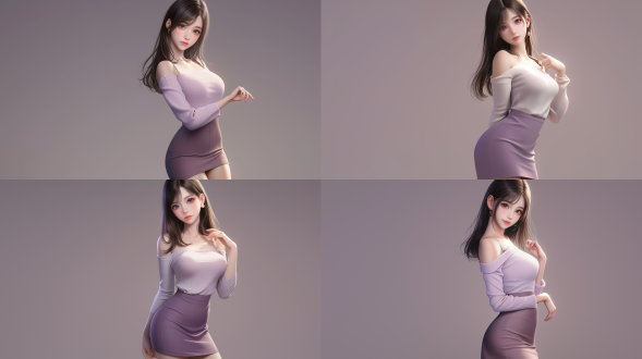 东方少女穿紫色短裙齐肩长发精致妆容自然微笑全身照，摄影棚背景，8k画质，暖光，正面镜头，细节丰富。