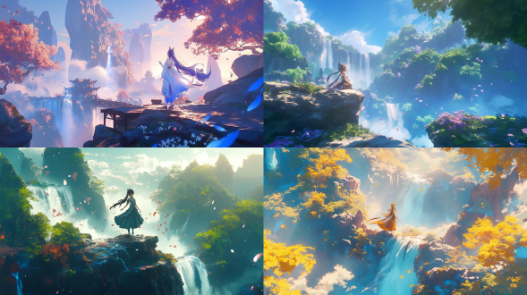 斜角中景，ue5，陆雪琪身姿优雅扭转抬头抬手，瀑布水汽弥漫，se 风原神动画风，暖光，动态模糊，梦幻氛围，热门。